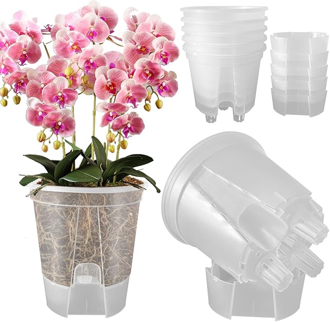 Cdd's Path 5-Pack 6 Inch Self Watering Pots Set with Holes for Indoor/Outdoor Plants,Planter Pot with Watering Hole/Reservior and Air Pipes,Clear