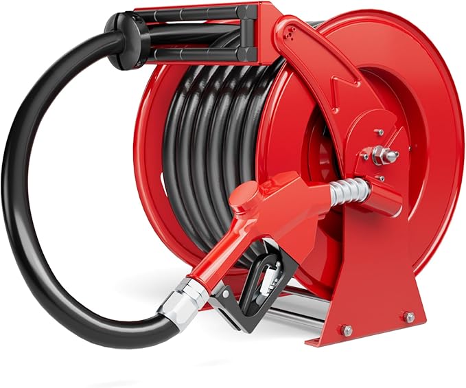 Fuel Hose Reel 1" x 50FT Extra Long Retractable Diesel Reel 300 PSI Auto Swivel Rewind Diesel Hose Reel with Fueling Nozzle Industrial Carbon Steel for Vehicle Tank Truck Trailer Ship, Red