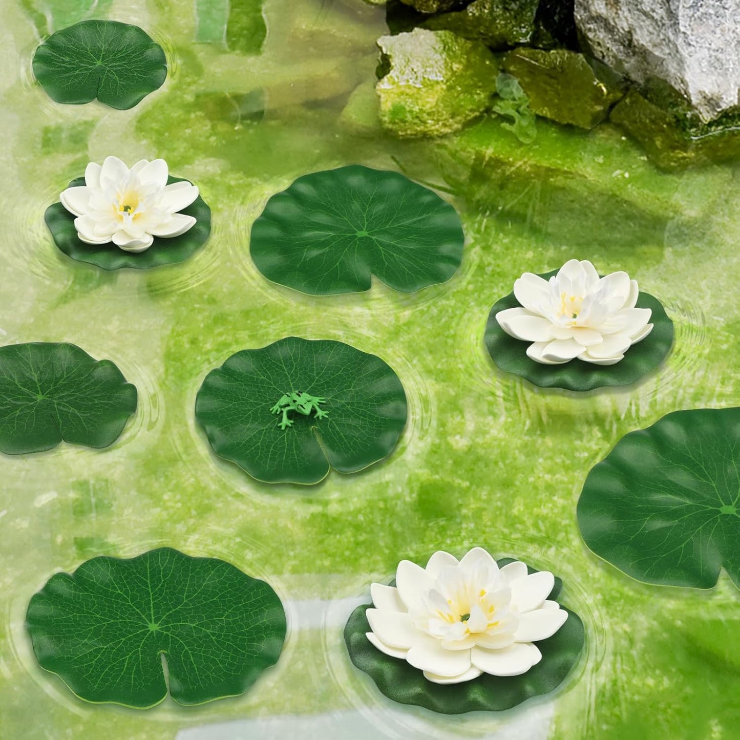 10pcs Artificial Floating Foam Lotus Flowers with Artificial Frog Lotus Leaves, Lily Pads for Lake, Pond Plants Ornaments for Pool Aquarium Water Decoration, White