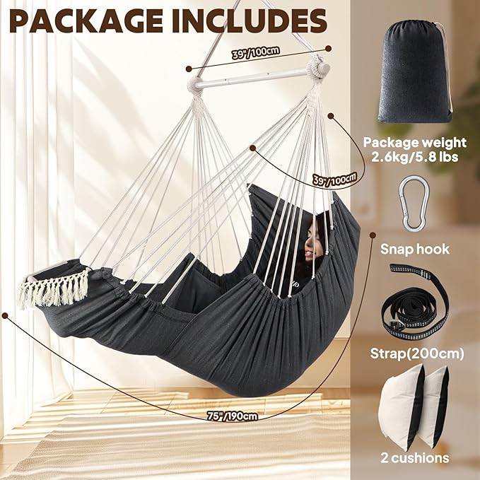 Chihee Hammock Chair Hanging Chair with Foot Rest 2 Cushions Max 500lbs Robust Metal Spreader Bar Collapsible Easy Storage Soft Cotton Swing Chair Strong Strap Iron Carabiner Side Pocket Included