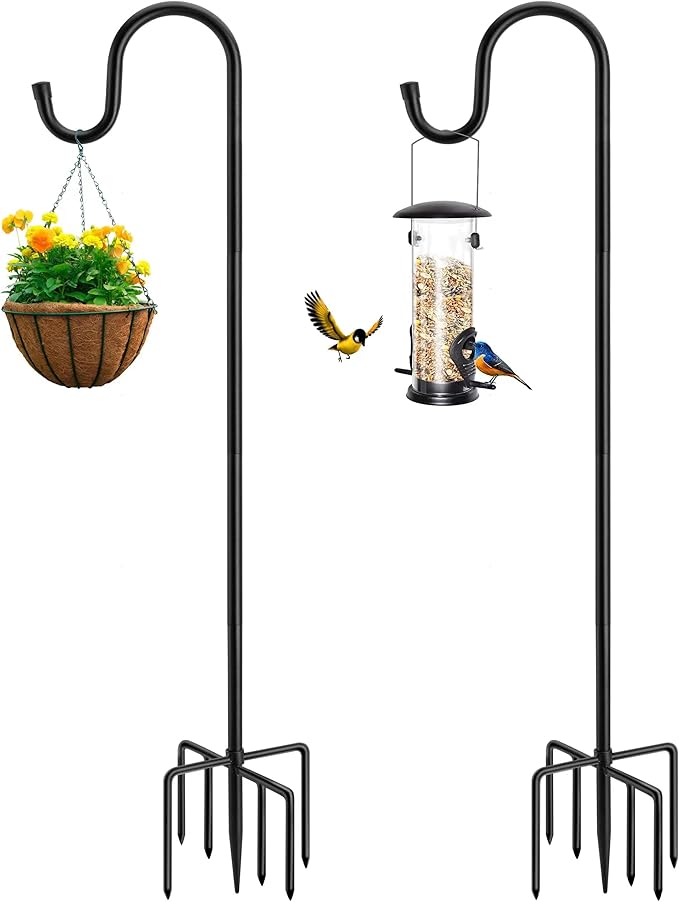72" Shepherds Hooks for Outdoor, Heavy Duty Bird Feeder Pole with 7 Base Prongs, Adjustable Garden Hanging Holder for Bird Feeders, Solar Light Lanterns, Garden Plant Hanger Stands, 2 Packs