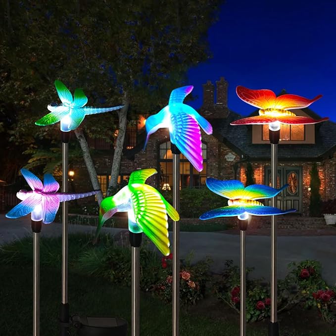 EiGreen 6 Pack Solar Garden Stake Lights Outdoor, Yard Figurine Stake Light, Flower Hummingbird Dragonfly Butterfly for Patio Yard Pathway Decoration (Garden)