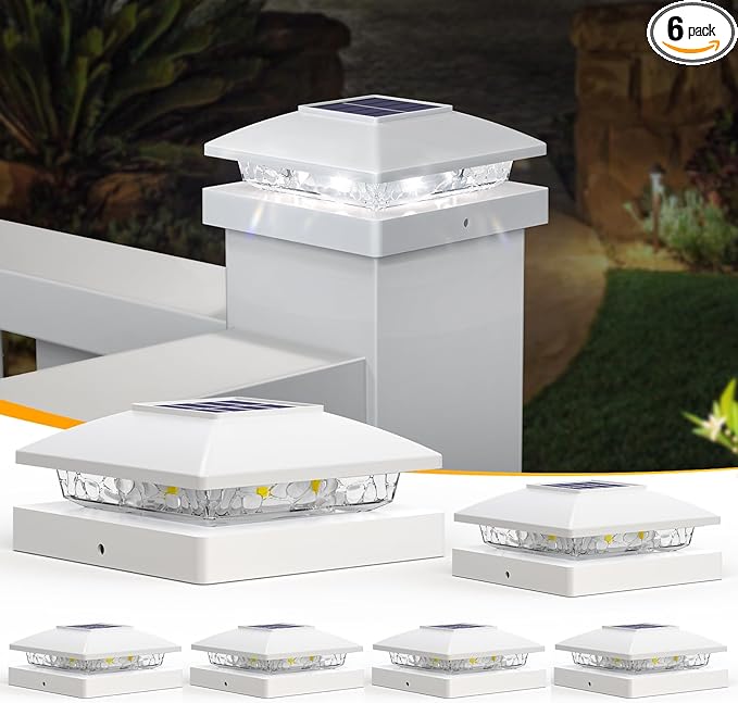 APONUO Solar Post Cap Lights for 4x4 Wood & Vinyl Posts, IP44 Waterproof Cool White LED 4x4 Post Solar Lights, Outdoor Garden Patio Yard Decor, 6 Pack (White)