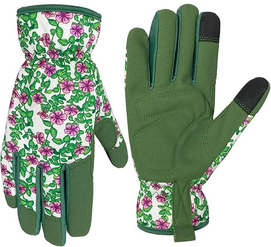 Gardening Gloves for Women, Garden Gloves with Touch Screen, Thorn Proof Puncture Resistant Working Gloves, Gardening Gifts for Women (Green with purple flowers, Medium)