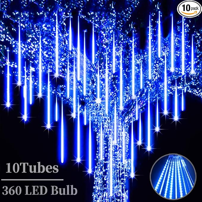 Christmas Meteor Shower Lights Outdoor - 12 Inch 10 Tube 360 LED High Brightness Falling Rain Icicle Cascading Lights for Xmas Tree Roof Eaves Patio Decor
