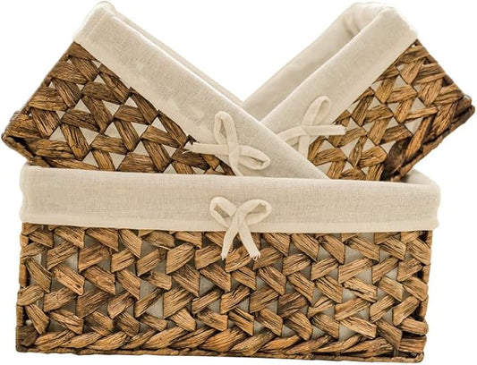 Rectangular Woven Seagrass Storage Bins with Handle,Kingwillow. (water hyacinth, Set of 3)
