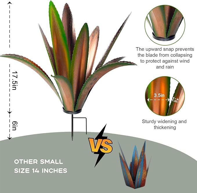 Enlarge thickened Wind Resistant Metal Agave Garden Art Metal Plant Country Garden Sculpture Statue Outdoor decoration Agave Metal Plant Courtyard Garden Lawn Ornament Gift (2, 12 Leaves Green)