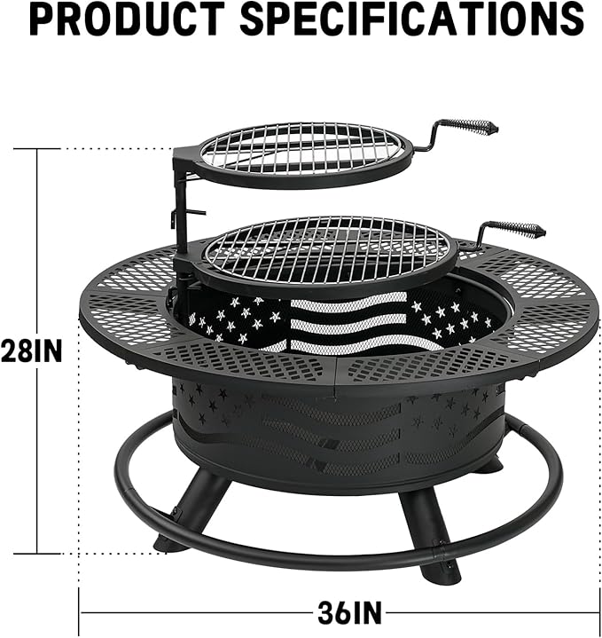 36 Inch Fire Pit with 2 Cooking Grates, Outdoor Wood Burning BBQ Grill Firepit Bowl with Cover Lid, Steel Round Table for Backyard Bonfire Patio Picnic (Black, 36IN)