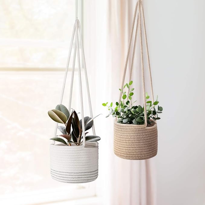 Flexzion Hanging Plant Basket (2 Pack) Cotton Rope Basket Indoor Planter Hanger (up to 7 Inch Flower Pot) Macrame Woven Organizer Bin Home Decor Storage Organizer 20" Hanging Rope, Brown
