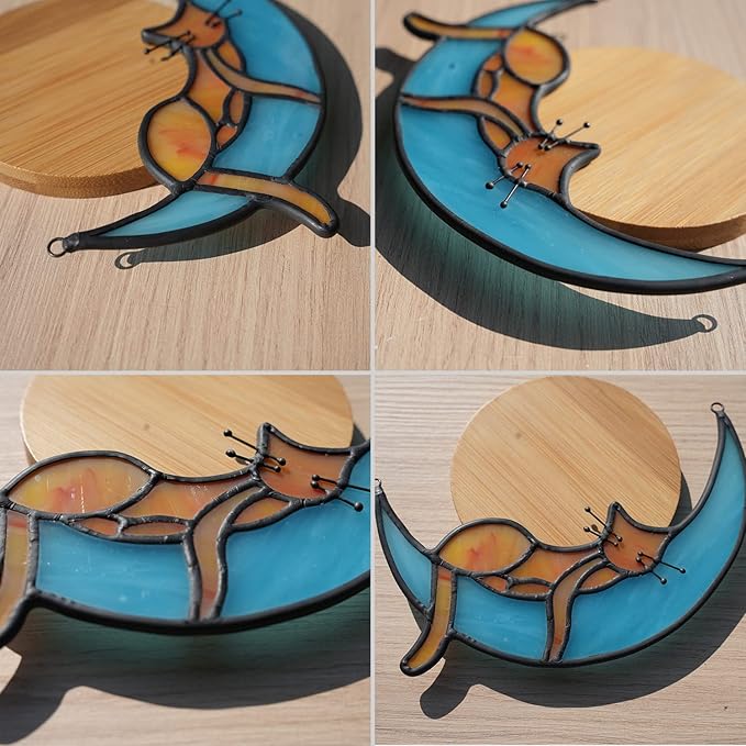 BOXCASA Sleeping Cat Stained Glass Windown Hanging,Orange Cat on Moon Beautiful Handcrafted Sun Catcher Gifts for Daughter,Mothers Day,Christmas and Cat Lover