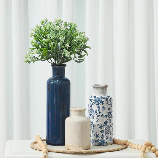 Ceramic Vintage Vases Set of 3, Blue and White Flower Decorative Vase Chinoiserie Decor Rustic Farmhouse Retro Floral Vases for Table Bookshelf Mantel Kitchen Living Room Office