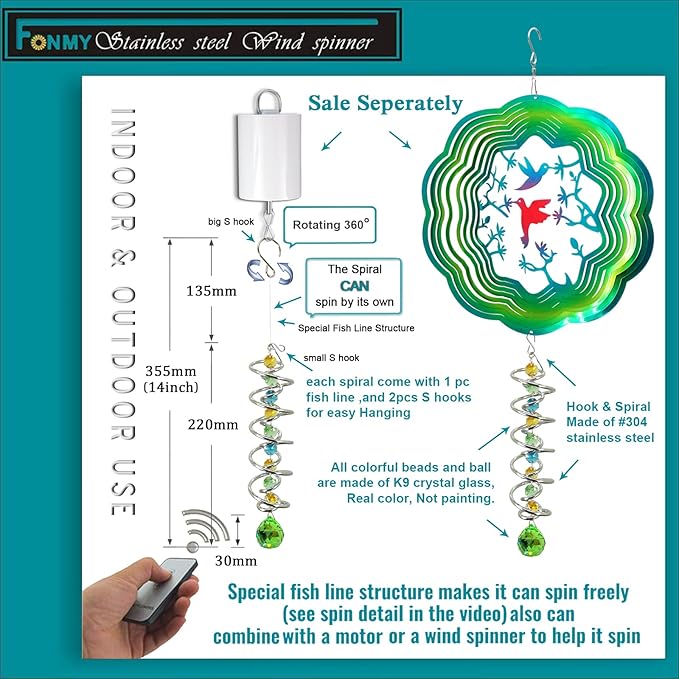 FONMY Gazing Ball Spiral Tail -Decorative Wind Spinner Sun Catcher Rainbow Maker Double-Spiral W/Green Crystal Ball and Chain Crystals for Indoor Outdoor Garden Decoration -14 inch Height