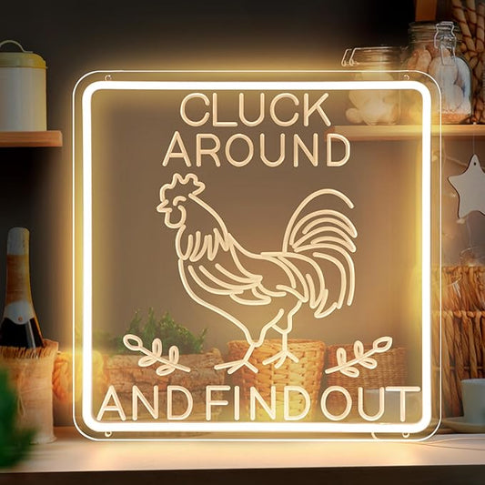 Funny Cluck Around and Find Out Large Neon Sign Dimmable, Rooster Decor 16 X 16 Inch Kitchen Decor for Farmhouse, Chicken Coop, Garden, Farm House Decoration, Rooster Gifts