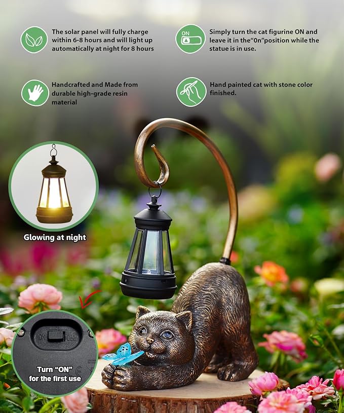 Garden Decor with Solar Lantern:Statues for Outdoor Decorations Yard Art Figurine for Patio Balcony Porch Lawn Ornaments-Gifts for Mom Grandma