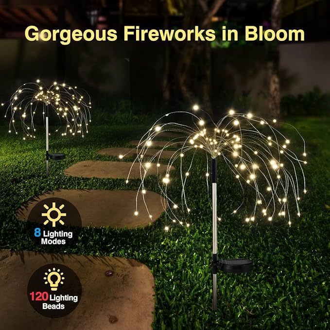 Firework Waterproof LED Solar Lights - 120 LED Outdoor warmer starburst garden decor with 8 modes