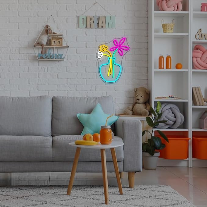 Flower Vase Neon Sign,Dimmable Neon Lights,Neon Flowers Sign for Wall Decor,Anime Flower Shape USB Connectivity Light Up Neon for Kids Room Girls Room Bar Birthday Party