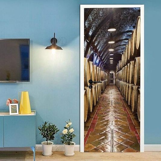3D Door Stickers Murals - Peel & Stick Wine Cellar Theme - Removable PVC Waterproof Door Poster, 33.9" x 78.7" for Bedroom & Living Room