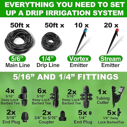 Drip Irrigation System Kit,100FT Adjustable Drip Watering Plant System with 5/16" and 1/4" Irrigation Tubing Hose,Drip Emitters,Lock Barbed Tee Fittings for Garden and Raised Beds,Greenhouse,Yard,Lawn