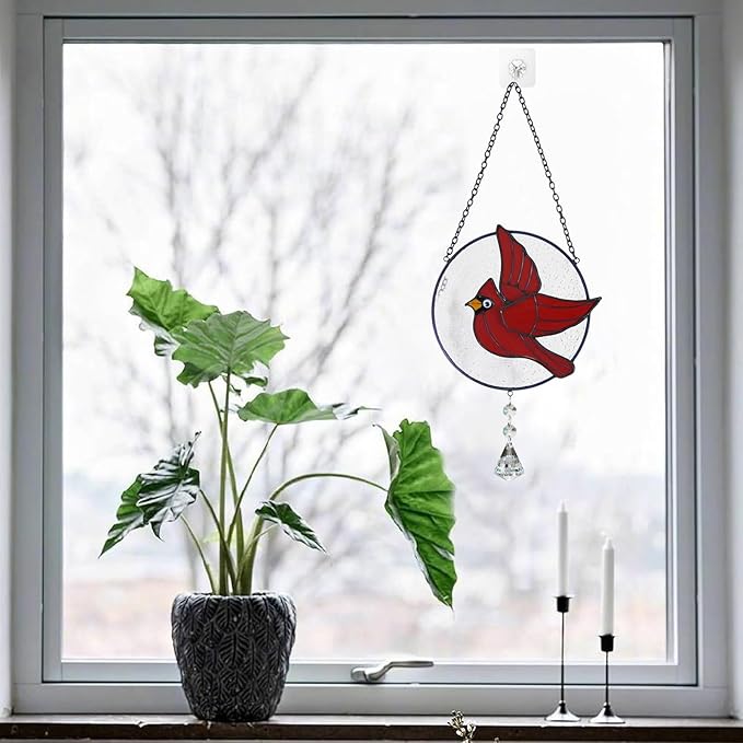 Cardinal Stained Glass Suncatchers for Windows Hangings Decorative,Red Love Birds Sun Catchers with Crystal Indoor Ornaments,Memorial Gifts for Women,Sun Catchers
