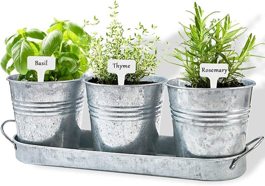 vensovo Indoor Herb Planter Set - Galvanized Windowsill Garden Pots with Tray & Drainage, Set of 3 Metal Window Planters for Kitchen & Outdoor Use, Silver
