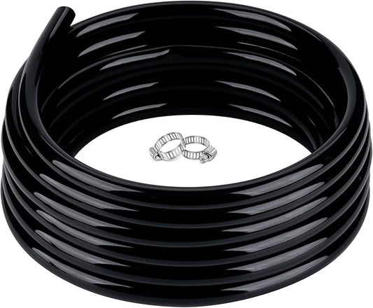 1/4" id - 50ft Black Vinyl Tubing Flexible PVC Tube Hybrid Hose Transfer Water Fuel Gas for Pond Fountain Garden Waterfall, Durable and Safe, with 2 Hose Clamps