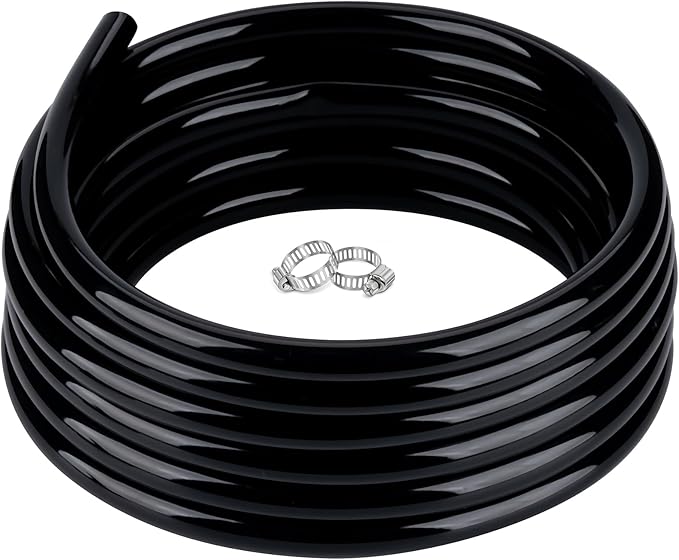 3/8" id - 100ft Black Vinyl Tubing Flexible PVC Tube Hybrid Hose Transfer Water Fuel Gas for Pond Fountain Garden Waterfall, Durable and Safe, with 2 Hose Clamps