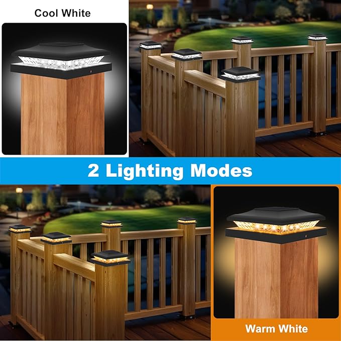 6 Pack Solar Post Cap Light Outdoor Fence Cap Lights 2 Color Modes 24 LEDs for Wooden/Vinyl Post, Waterproof Deck Patio Decoration Fits 5x5, 5.5x5.5 or 6x6 Wooden Posts (3000k/6000k)