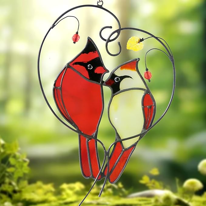 Cardinal Suncatcher Stained Glass for Window Hanging,Cardinal Gifts for Women,Red Birds Sun Catchers Christmas Decoration for Windows,Best Gift for Mom,Memorial Gifts for Birds Lover
