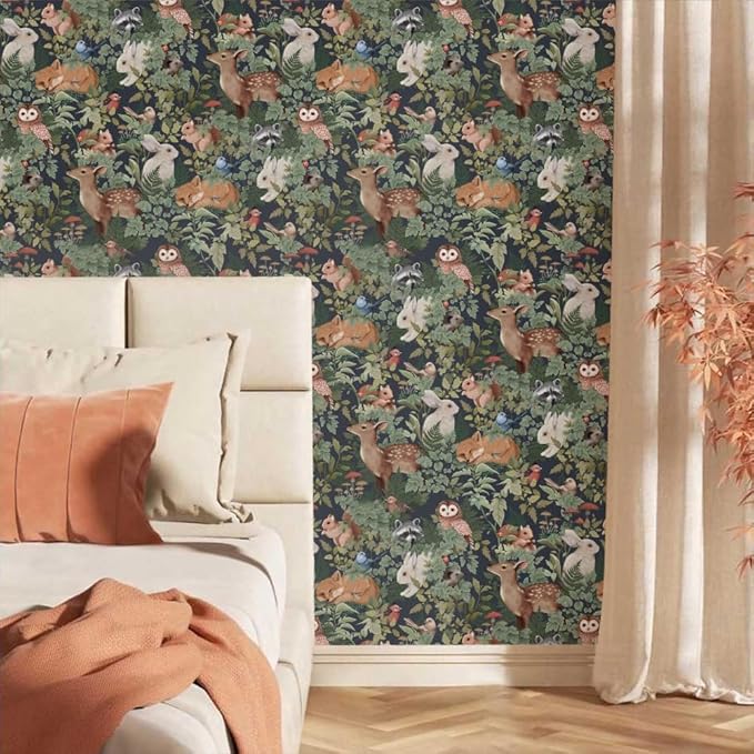 Green Plants Leaf Animal Forest Deer Rabbits Squirrel Owl Peel and Stick Wallpaper Self Adhesive Removable Easy Peel Off Contact Stick on Wall Paper for Bedroom Cabinet Renter Friendly