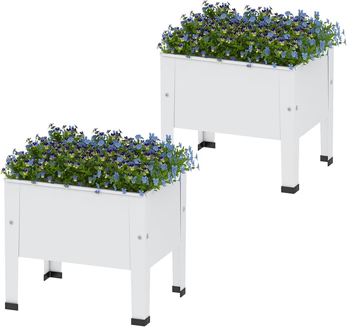 aboxoo 2 Packs 14 Inch Small Planter Raised Garden Bed with Legs,Outdoor Metal Planter Box for Patio,Elevated Garden Bed for Vegetables Flower Herb(White)