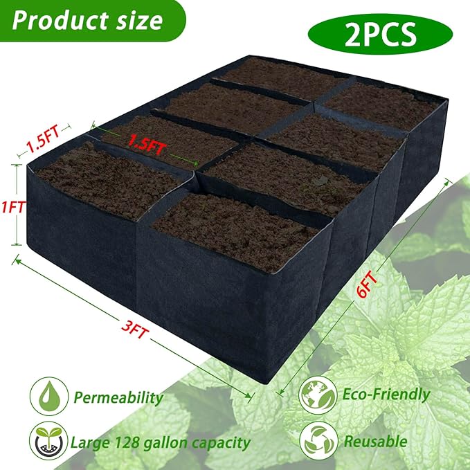 2 Pack 6x3x1ft Fabric Raised Garden Beds,128 Gallon 8 Grids Rectangle Plant Grow Bags,Durable Outdoor Gardening Planting Container Planter Pot for Growing Herbs Flowers Vegetables Potatoes Chillies