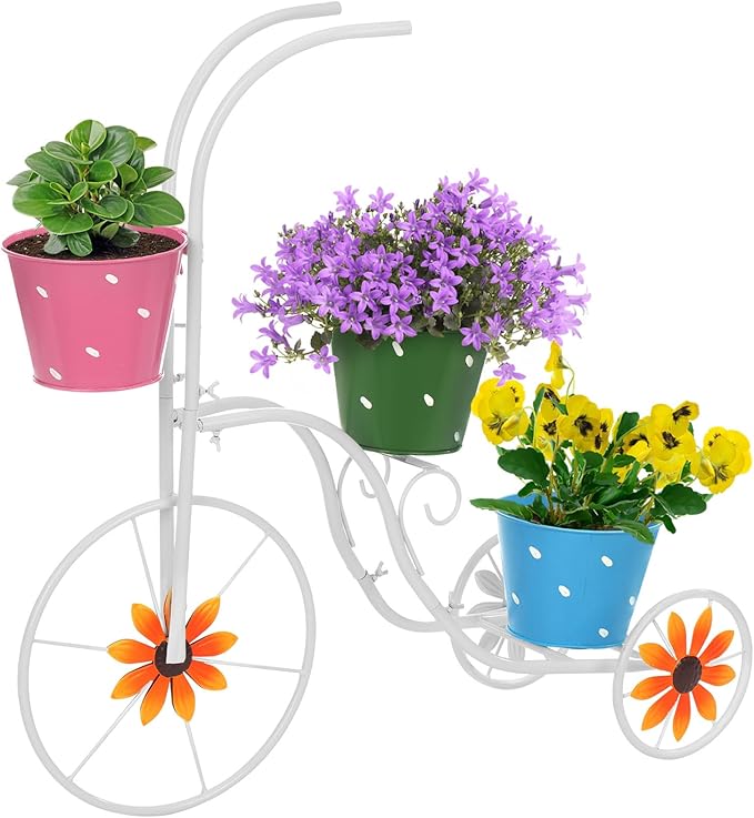 BAYN Bicycle Planter Stand, Metal Flower Pot Cart Holder Tricycle Planter with 3 Plant Bucket Outdoor Decorative for Patio, Deck, Garden, Lawn