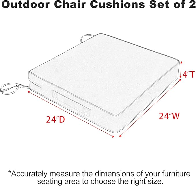 Favoyard Patio Chair Cushions 24 x 24 x 4 Inch Waterproof Outdoor Seat Cushions for Patio Furniture 3-Year Color Fastness Garden Sofa Couch Pads with Handle & Adjustable Straps Set of 2, Dark Grey
