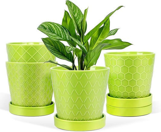 EFISPSS 5 Inch Ceramic Plant Pots Indoor, Planters with Drainage Holes and Ceramic Tray, Relief Design Flower Planter，Desktop Office Windowsill Decoration Gift Set of 4 - Green
