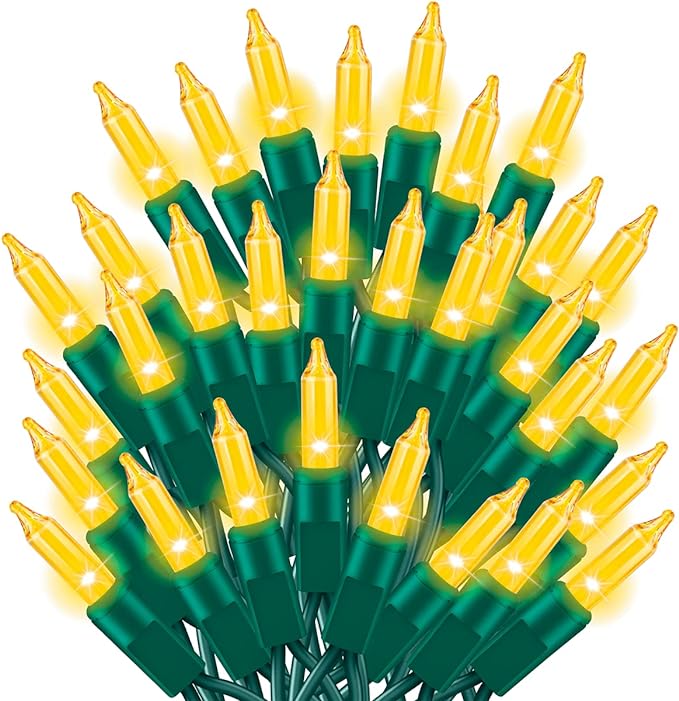 Ultra-Bright Connects End to End Yellow Christmas Mini Lights 100L 19.6Ft UL Listed Incandescent Bulb String Light Set for Indoor Outdoor Holiday Garden Party Christmas Tree Garland Decor