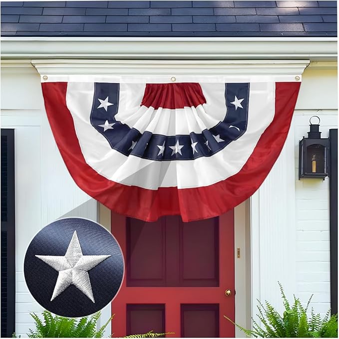 2x4 Ft American Pleated Fan Flag USA Bunting 4th of July Flags Decor Outside Porch Garden Banner Embroidered Patriotic Stars & Sewn Stripes Canvas Header Brass Grommets