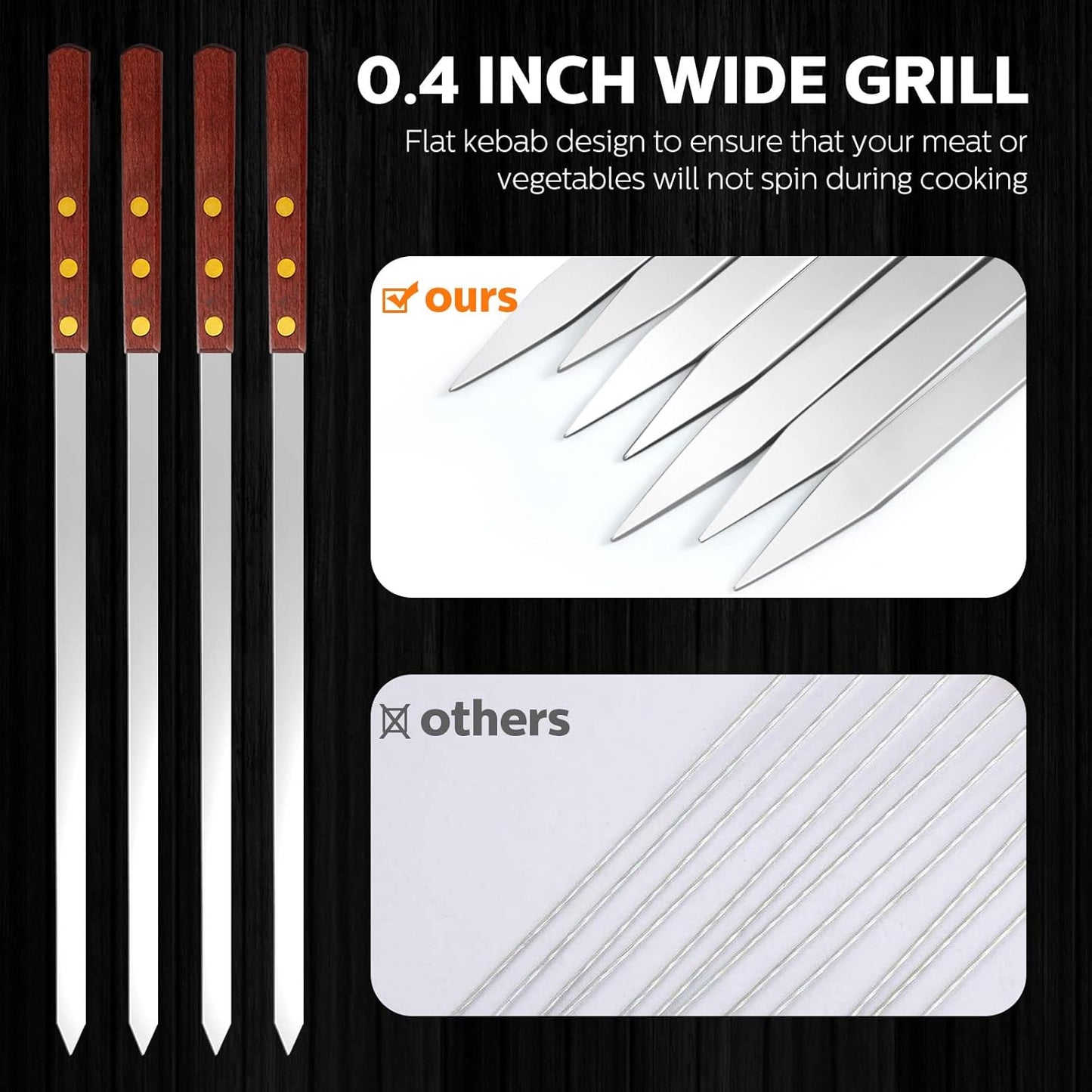 Cunhill 12 Pcs 19.7 Inch Kabob Skewers for Grilling 0.4 Inch Wide Flat Blade Thin Stainless Steel Kabob Sticks Long Barbecue Reusable Metal BBQ Skewers with Wood Handles for Tailgate Party Outdoor