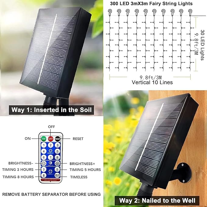 2 Pack Solar Curtain Lights Remote Control, Outdoor Garden Lights 300 LED 8 Modes Waterproof Solar Waterfall Fairy String Lights Decoration for Patio Garden Party Wedding (Multicolor 2 Pack)