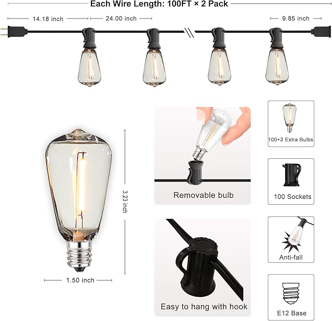DAMAING Outdoor String Lights 200 FT Waterproof Patio Lights with 102 ST38 Shatterproof LED Bulbs, Dimmable Vintage Edison String Lights for Outside House Backyard Porch Gazebo Party,2-Pack x 100ft