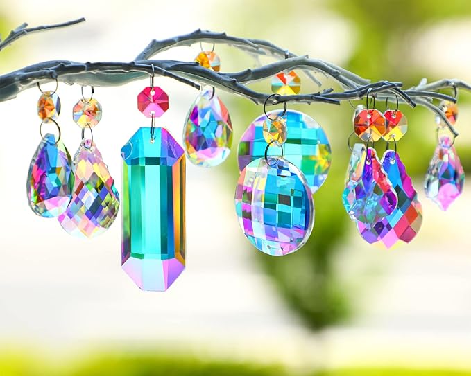 15pcs Colorful Crystal Suncatcher Hanging Chandelier Prisms Pendant with Crystal Octagon Bead Decor for Home Garden Wedding DIY Ornament