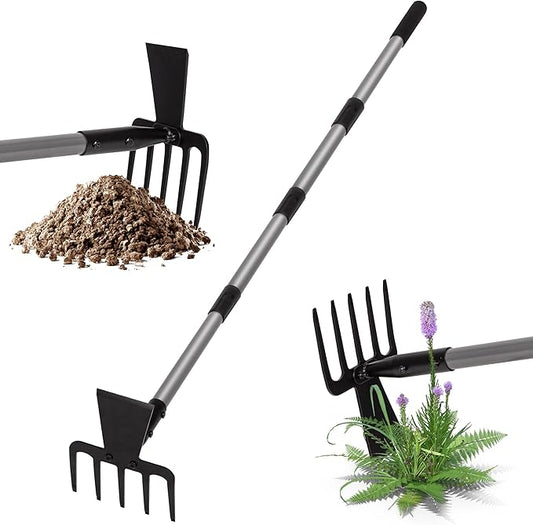 Walensee 2 in 1 Hoe Garden Tool, 63 Inch Garden Hoe Cultivator and 5-Tines Rake with 37-63 Inch Adjustable Long Handle, Weeding Tools Hand Tiller for Yard Lawn Flower Beds Planting Gardening Digging