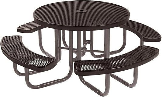 Heavy-Duty Portable Outdoor Picnic Table with Umbrella Hole, Punched Steel Commercial-Grade Patio Furniture Made in America (46" Round Top, Brown with Brown Frames)