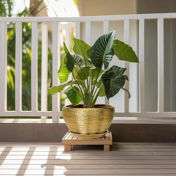 Ceramic Planter 11 Inch - Indoor Plant Pot with Drainage Hole and Saucer Large Planter for Outdoor Plants Mid-Century Decorative Flower Pot for Home Decor Gold