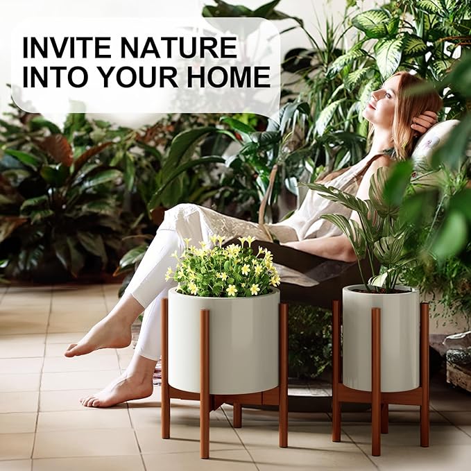MUDEELA 2 Pack Adjustable Plant Stand Indoor, Bamboo Plant Stand 8 to 12 Inches, Single Floor Plant Stand for Indoor Plants, Bamboo Dark Brown Planter Stand for Indoor Plants, Pot Plant Not Included