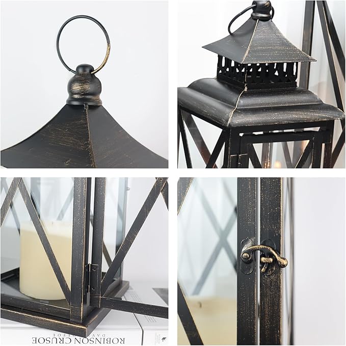 DECORKEY 3PCS (20’’&13’’&9’’) Lanterns Decorative Indoor & Outdoor, Vintage Metal Frame Candle Holders for Front Porch, Patio, Pathway, Balcony, Garden, Yard Decor, Halloween Christmas Decorations