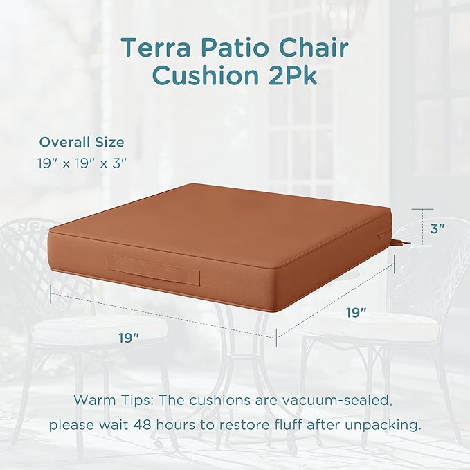 Codi Outdoor Chair Cushions 19x19 Inch, Waterproof Seat Cushion for Patio Furniture with Handles & Adjustable Straps, Fade Resistant - Set of 2, Spice