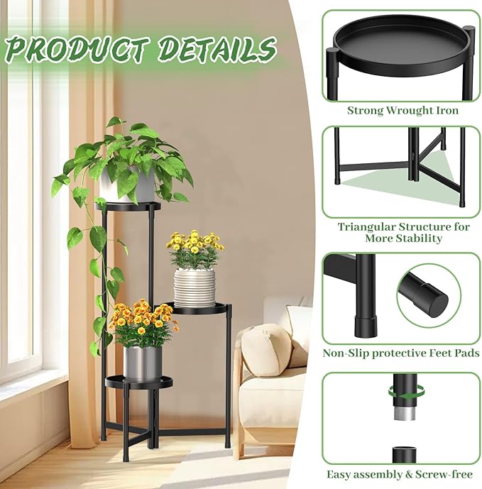MOKANI Metal Plant Stand Indoor Outdoor for Multiple Plants, 3 Tiered Folding Corner Shelf Tall Flower Pot Holder Display Rack for Patio Living Room Balcony Garden, Black
