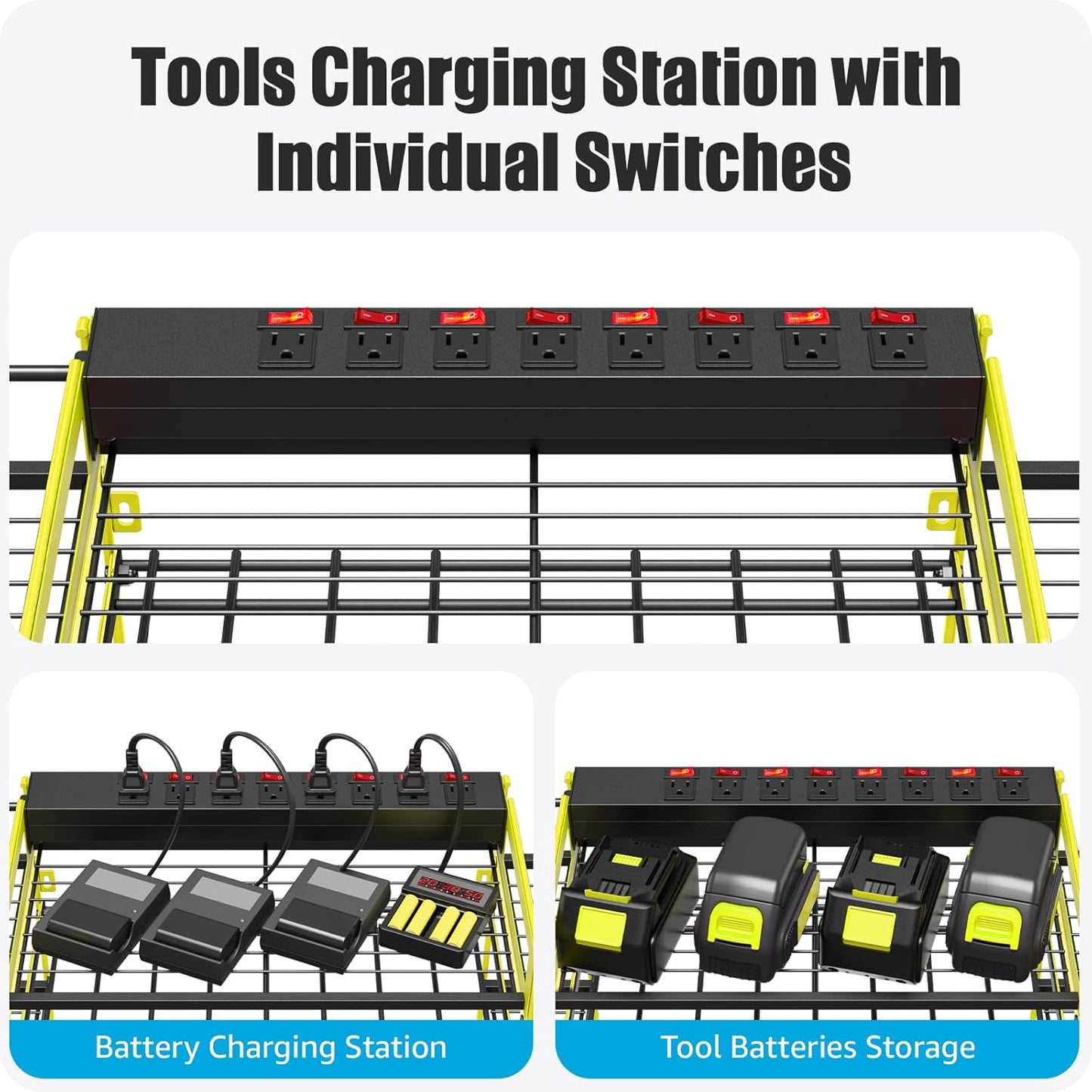 CCCEI Green Power Tool Organizer Wall Mount, Large Tools and Battery Storage Rack Charging Station Individual Switches. Drills Holder, Garage Utility Shelves with 6FT Power Strip. Gift for Men.