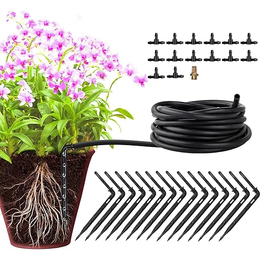 Drip Irrigaition Kits for 1/4" Tubing 32ft, Silicone Hose Drip Irrigation Accessories Compatible Automatic Drip Kit or Watering System Fittings Kit Pack