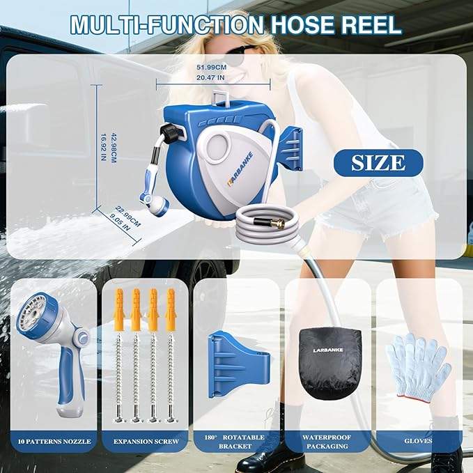 1/2 in × 100 ft Garden Hose Reel,Wall-Mounted Hose Reel with Bottom Drain,180° Rotating Bracket,with 10-Function Sprayer Nozzle,Lockable at Any Length,Equipped with Waterproof Bag(Blue)